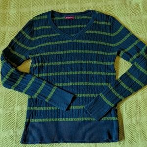 Striped cable knit v-neck sweater